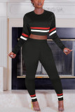 Black Sexy Striped Patchwork Long Sleeve Two Pieces