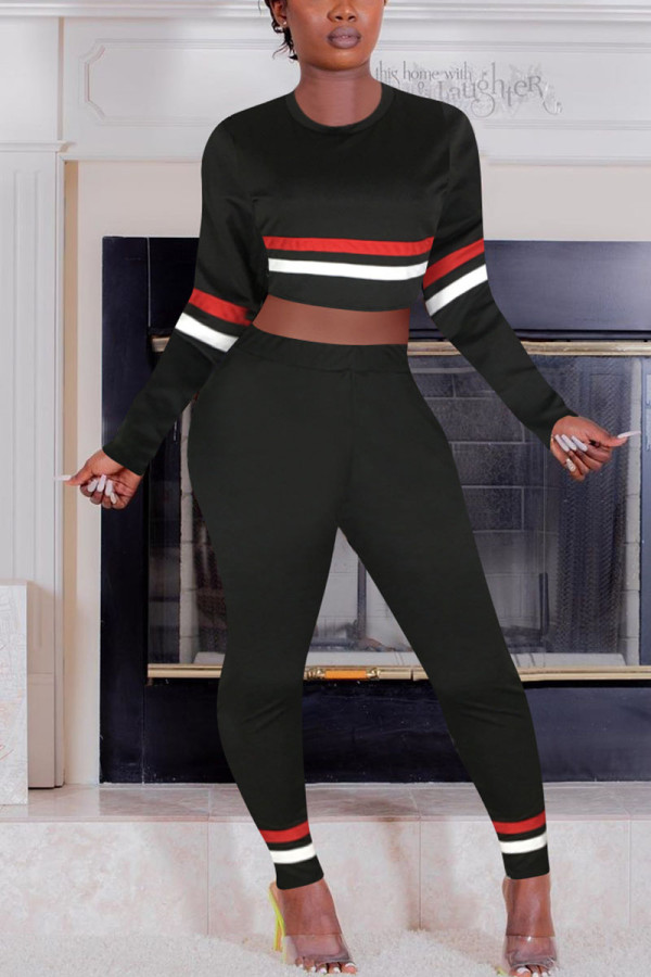 Black Sexy Striped Patchwork Long Sleeve Two Pieces