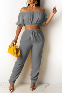 Grey Sexy Casual Solid Backless Off the Shoulder Short Sleeve Two Pieces