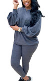 Grey Sexy Solid O Neck Long Sleeve Hubble-Bubble Sleeve Regular Two Pieces