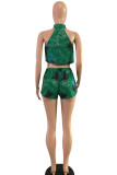 Green Fashion Sexy Print Backless Half A Turtleneck Sleeveless Two Pieces