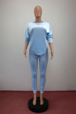 Lake Blue Sexy Polyester Solid Split Joint O Neck Long Sleeve Regular Sleeve Regular Two Pieces