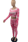 rose red Fashion Casual Adult Print Patchwork O Neck Long Sleeve Regular Sleeve Short Two Pieces
