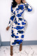 Blue Casual Print O Neck Wrapped Skirt Dresses