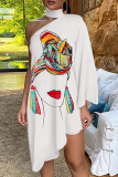 Blue Casual Print Patchwork Halter Irregular Dress Dresses
