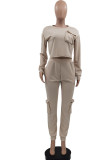 Cream White Casual Solid O Neck Long Sleeve Two Pieces