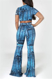 Deep Blue Fashion Casual Print Basic O Neck Short Sleeve Two Pieces