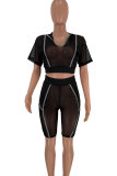 Black Polyester Fashion Sexy Mesh HOLLOWED OUT Fluorescent perspective Patchwork pencil Two-Piece Short S