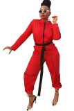 Red Casual Patchwork zipper Polyester Long Sleeve Turndown Collar Jumpsuits