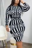 Black Work Daily Print Patchwork O Neck Long Sleeve Two Pieces