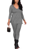 Blue Fashion Sexy Adult Polyester Solid Split Joint V Neck Long Sleeve Regular Sleeve Regular Two Pieces