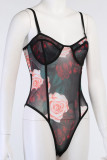 Black Sexy College Print Floral Spaghetti Strap Regular Bodysuits