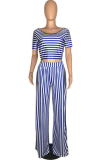 Blue Casual Striped Split Joint O Neck Plus Size Two Pieces