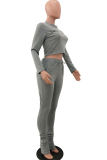 Grey Casual Print Letter Turtleneck Long Sleeve Two Pieces