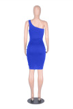 Blue Fashion Sexy Solid Hollowed Out One Shoulder Sleeveless Dress
