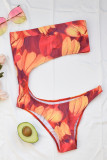Red Fashion Sexy Print Hollowed Out Backless Swimwears