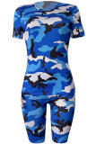 Blue Sexy Patchwork Gradient Print Two Piece Suits Camouflage pencil Short Sleeve