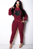 Grey Velvet Drawstring Long Sleeve Mid Sequin Print Patchwork Straight Pants Two-piece suit