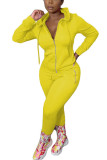 Yellow Polyester Fashion adult Ma'am Street Solid Two Piece Suits pencil Long Sleeve Two Pieces