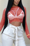 Red Fashion Sexy Solid Patchwork See-through O Neck Tops