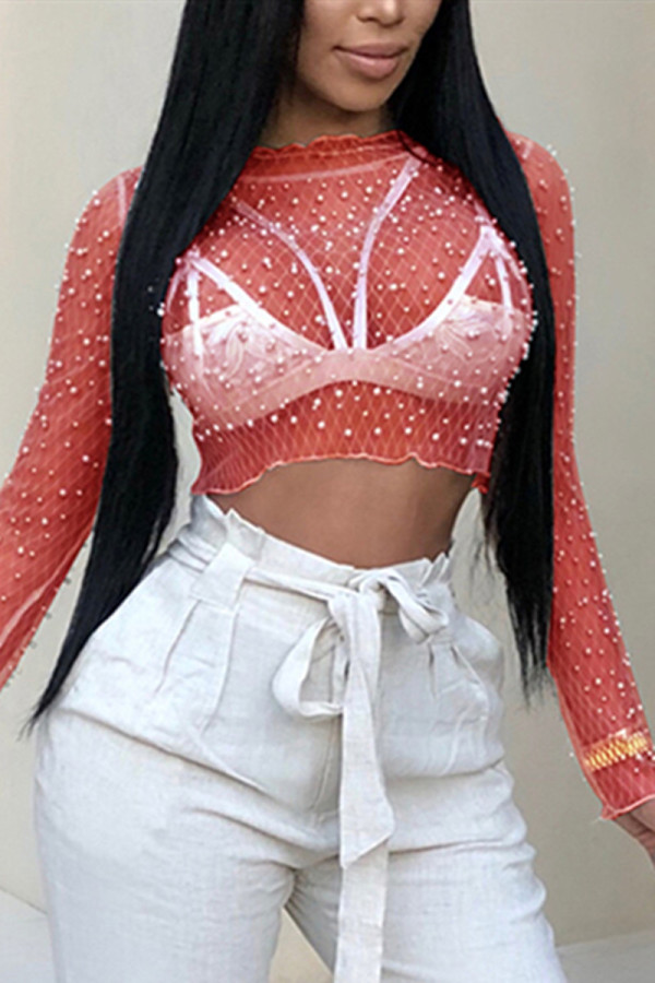 Red Fashion Sexy Solid Patchwork See-through O Neck Tops