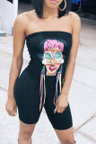 Red Sexy Casual Print Backless Strapless Skinny Romper