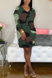 Green Street Camouflage Print Split Joint V Neck Lantern Skirt Dresses