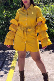 Yellow Fashion Casual Solid Patchwork Turndown Collar Shirt Dress