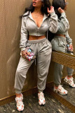 Grey Sportswear Solid Patchwork Hooded Collar Long Sleeve Two Pieces
