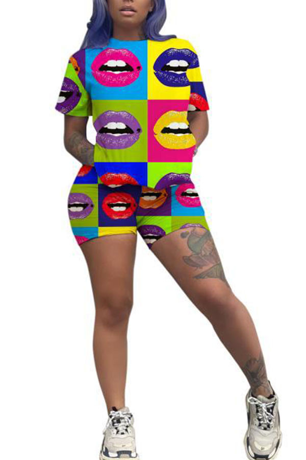 multicolor Fashion Celebrities Print Two Piece Suits pencil Short Sleeve Two Pieces