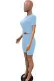 Sky Blue Fashion Sexy adult Ma'am Patchwork Solid Two Piece Suits pencil Short Sleeve Two Pieces