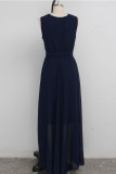 Dark Blue Sexy Sleeveless V Neck Swagger Floor-Length Patchwork Solid Dresses