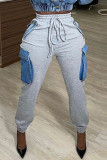 Grey Fashion Casual Patchwork Basic Regular Mid Waist Trousers