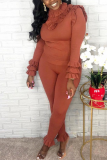 Deep Pink Casual Solid Patchwork Long Sleeve Two Pieces