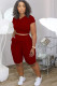 Wine Red Polyester Fashion Casual adult Ma'am Patchwork Solid Two Piece Suits pencil Short Sleeve Two Pieces