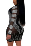 Gold Fashion Sexy Adult Polyester Patchwork See-through Sequined O Neck Long Sleeve Knee Length Wrapped Skirt Dresses