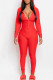 Red Casual Living Solid Basic Hooded Collar Skinny Jumpsuits