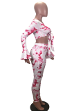Pink Sexy Print Tie-dye V Neck Long Sleeve Two Pieces