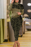 Army Green Fashion Casual Patchwork Print Leopard Zipper Collar Long Sleeve Two Pieces