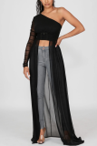 Red Sexy Patchwork Mesh One Shoulder Tops