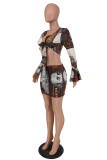 Coffee Fashion Sexy Print Strap Design V Neck Long Sleeve Two Pieces