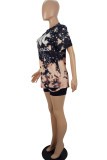 Black Polyester Fashion Active adult Ma'am Print Two Piece Suits Straight Short Sleeve Two Pieces