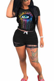 Black venetian Fashion Casual adult Ma'am Print Two Piece Suits Eyes Printed pencil Short Sleeve Two Pieces