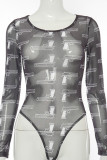 Black Casual Print O Neck Regular Bodysuits