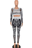 Grey Fashion Casual Adult Print Camouflage Print Patchwork O Neck Long Sleeve Regular Sleeve Short Two Pieces