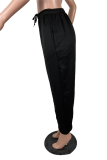 Black Solid Draw String Loose Mid Waist Harlan Bottoms