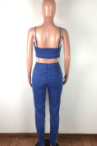 Blue Sexy Polyester Embroidery Embroidered Make Old Split Joint Backless Spaghetti Strap Sleeveless Short Two Pieces