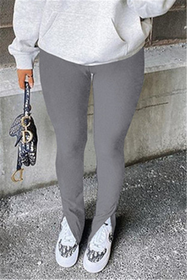 Grey Fashion Casual Solid Slit Regular Mid Waist Conventional Solid Color Bottoms