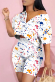 White Casual Print Patchwork Turndown Collar Half Sleeve Two Pieces