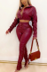 Wine Red Street Solid Patchwork Turndown Collar Long Sleeve Two Pieces
